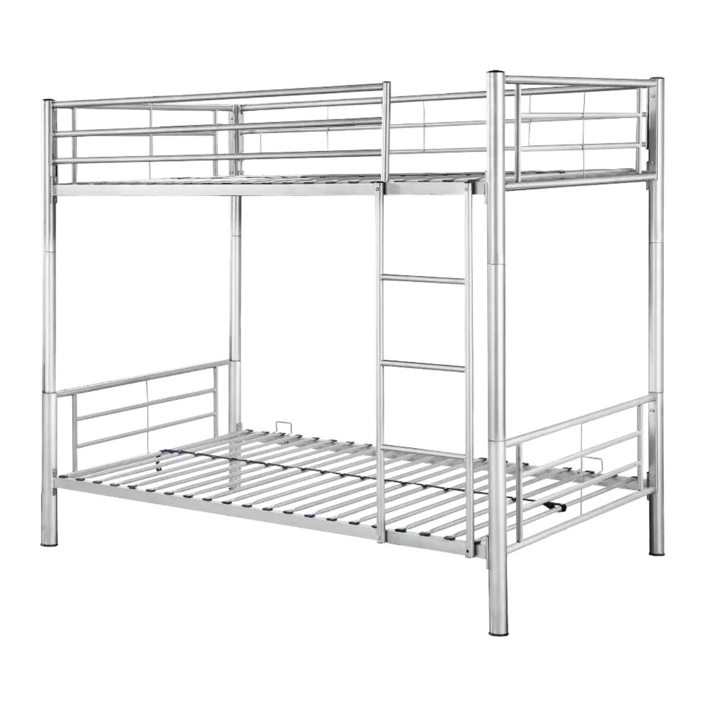 High-resolution double-decker steel bed for space-efficient, durable sleeping arrangements.