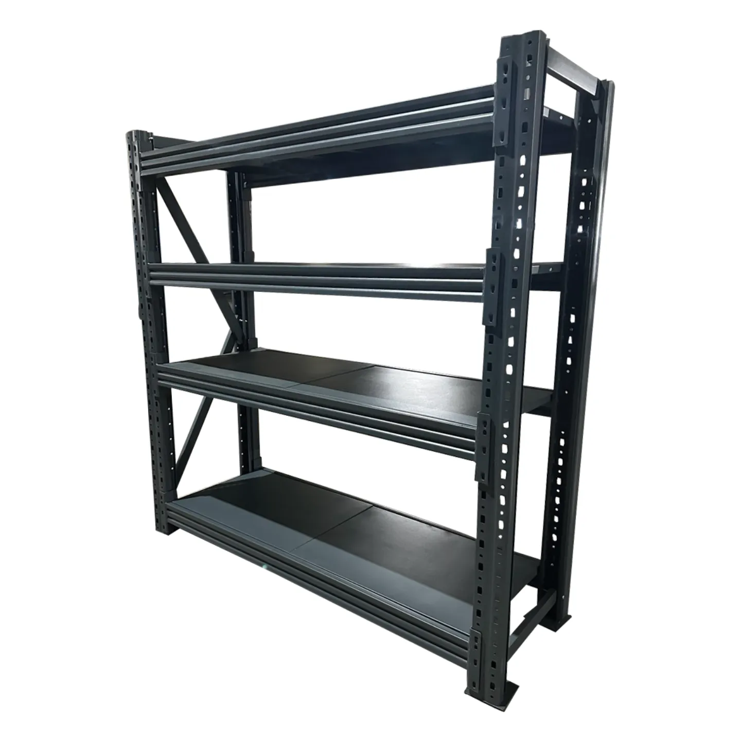 High-resolution industrial steel rack for organized, heavy-duty storage solutions.