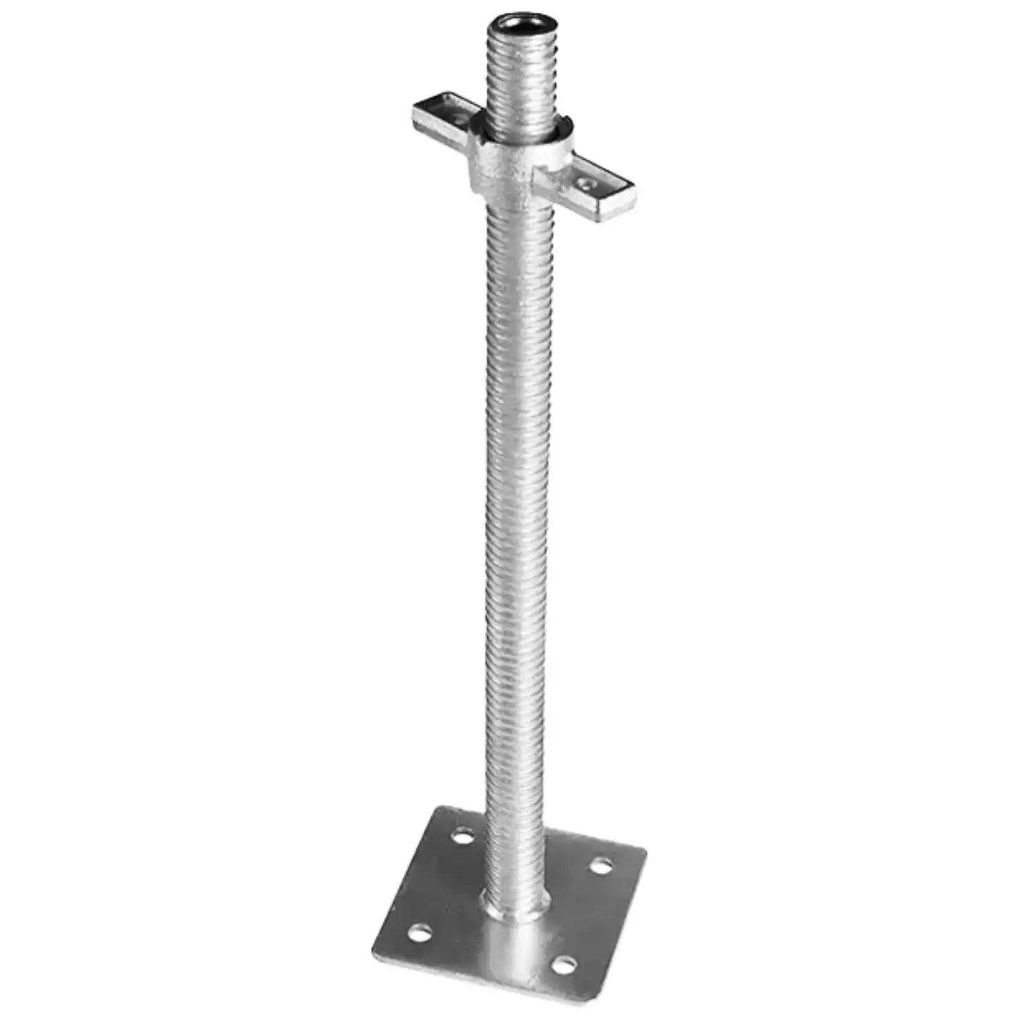 High-resolution adjustable base jack for scaffolding stability and height customization.