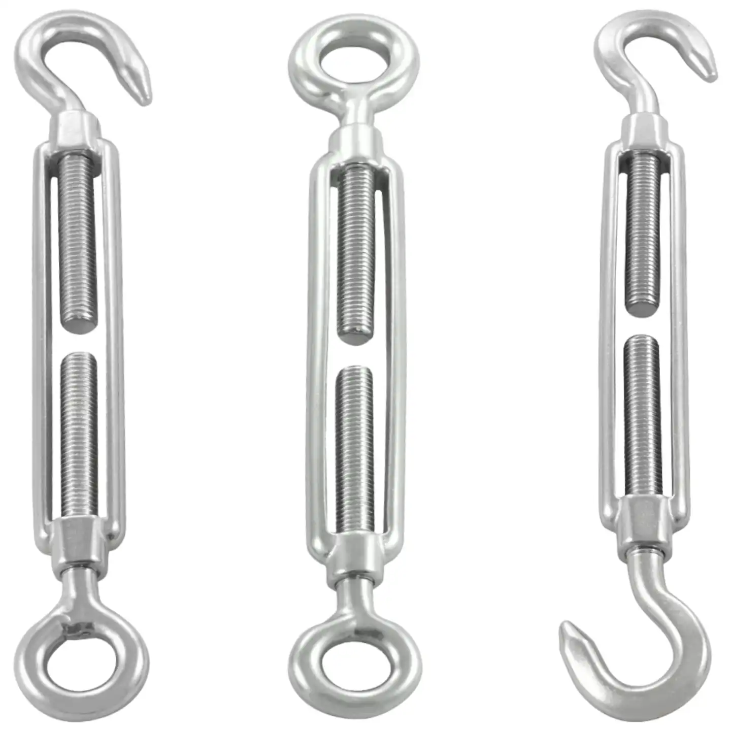 High-resolution turnbuckle variants: eye and hook, hook and hook, eye and eye, for precise tension adjustments in construction.