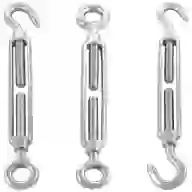 Three turnbuckle variants: eye and hook, hook and hook, and eye and eye, designed for adjustable tension and secure connections in construction and rigging applications.